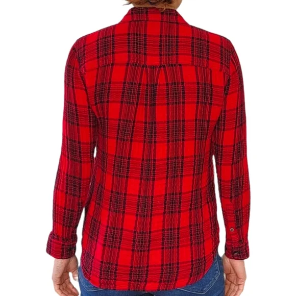 Madewell Classic Cotton Button Up Flannel Size Small Red Black - Picture 3 of 5